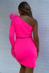 Bodycon One Shoulder Hot Pink Short Homecoming Dress with Feather